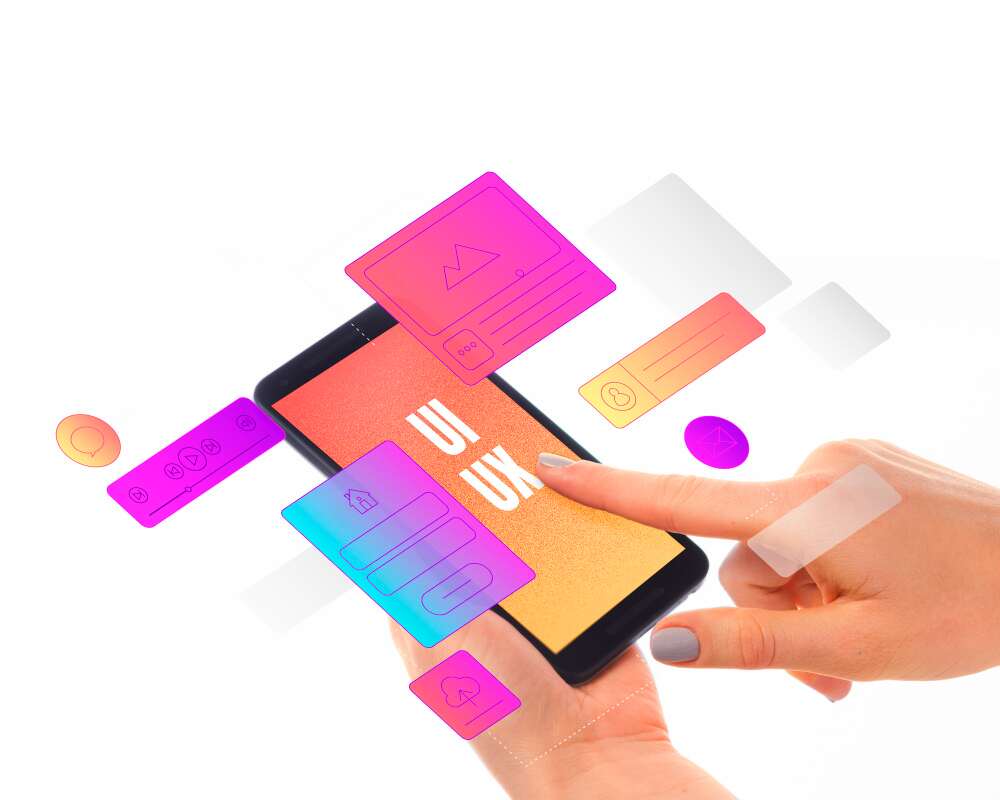 Hands interacting with a smartphone showcasing vibrant app icons floating around, seamlessly blending images, messages, and social media. This digital product exemplifies exceptional user experience with its intuitive user interface against a pristine white background.