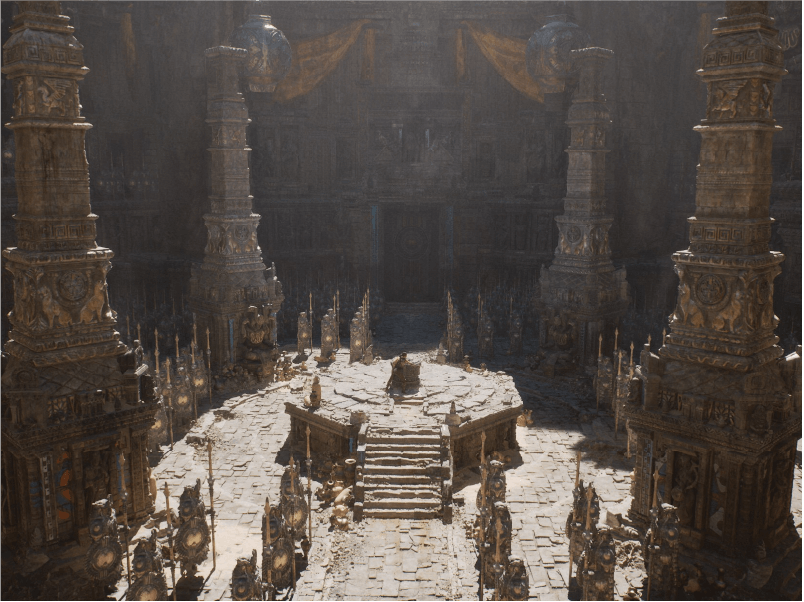 Soldiers and Palace in Ruins taking era's back through a visual render in Unreal Engine