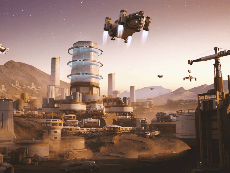 Flying Spaceships and Futuristic city in unreal engine render