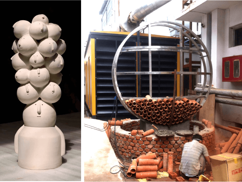 Claymen clay sculptour on left and Public water cooler make of earthen glasses by Studio Ant in Delhi
