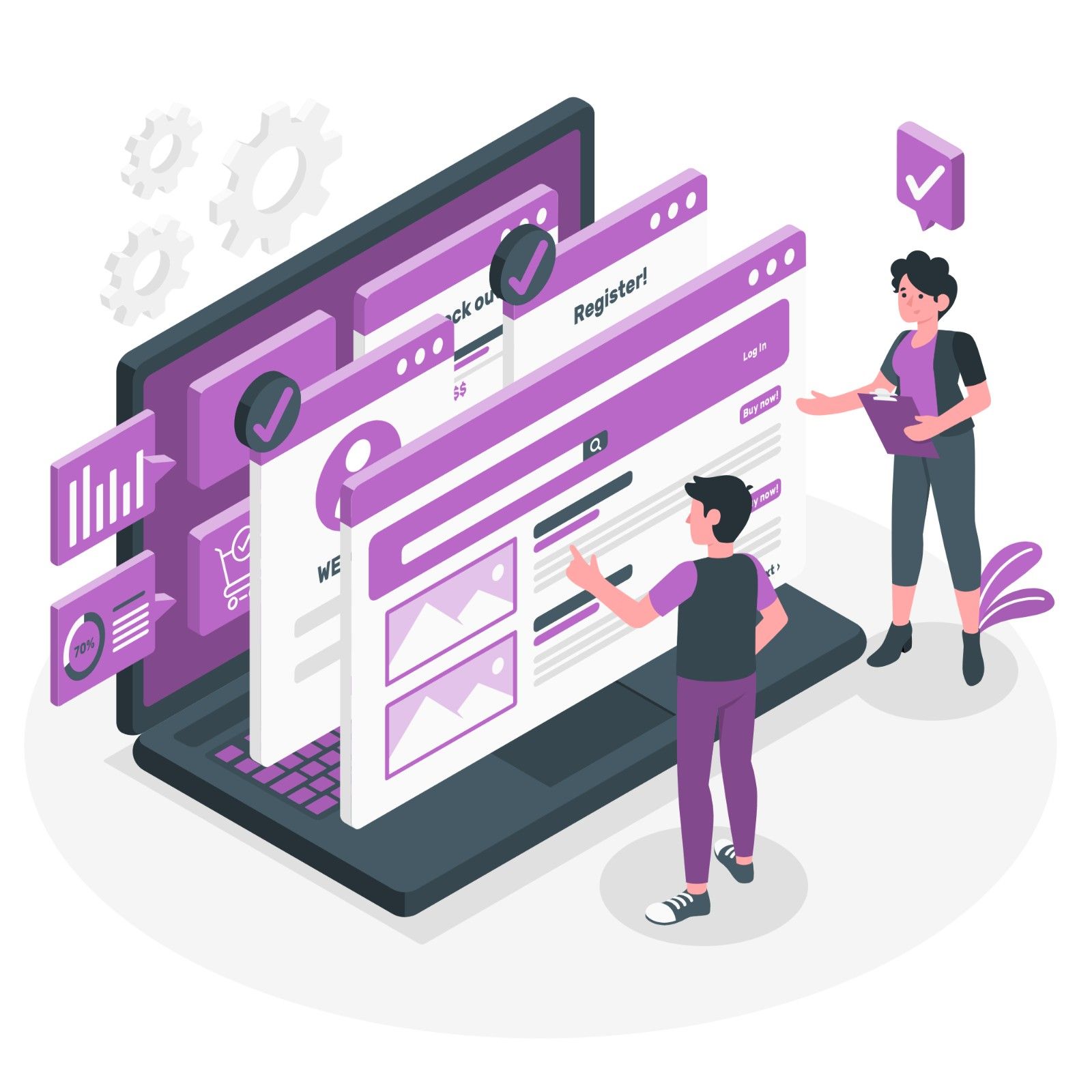 Illustration of a man and a woman standing near a large laptop. The scene is accentuated with gears and checkmark icons, symbolizing UI-UX designs and remote usability testing.