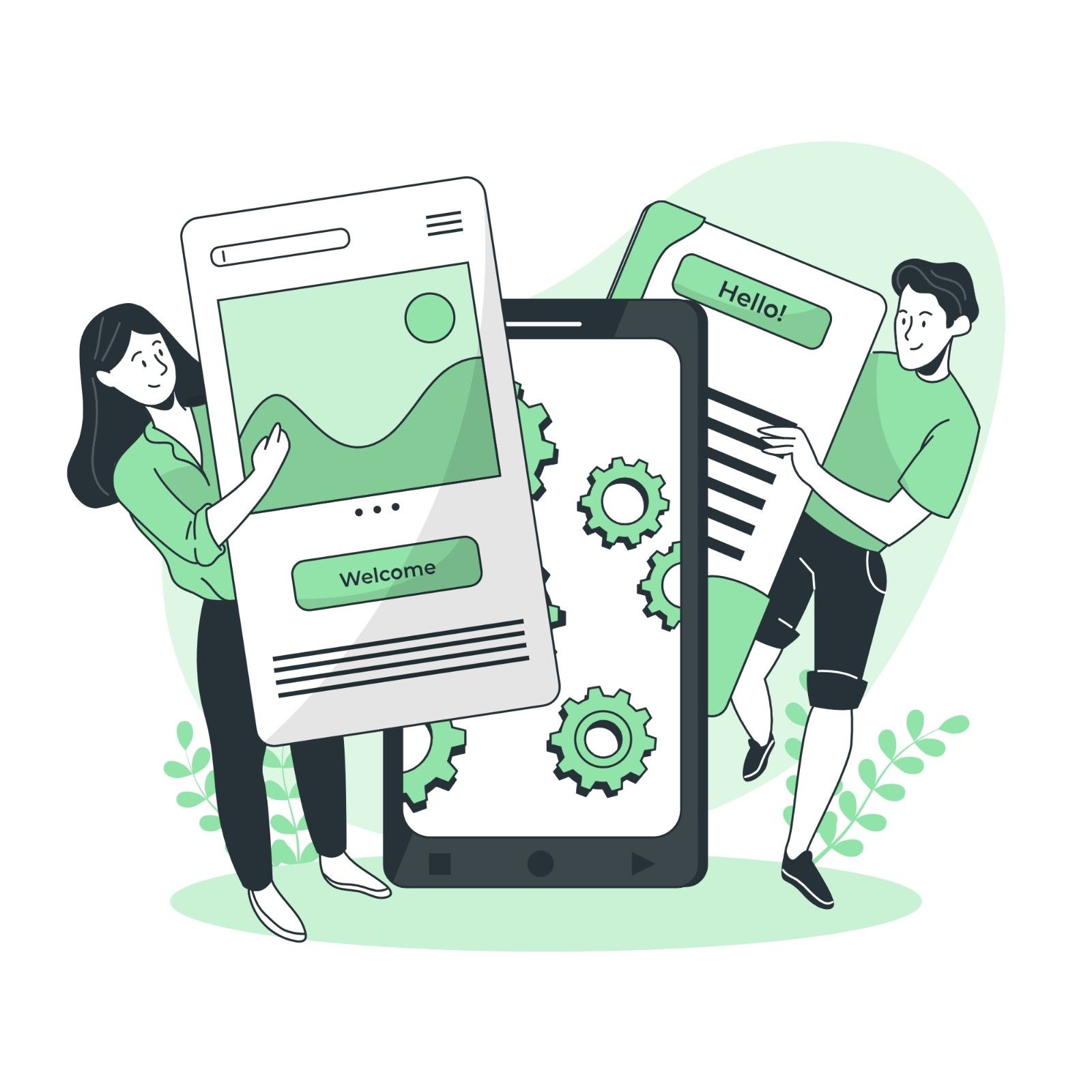 Illustration of two people standing beside a large smartphone, hinting at UI-UX designs and remote usability testing.