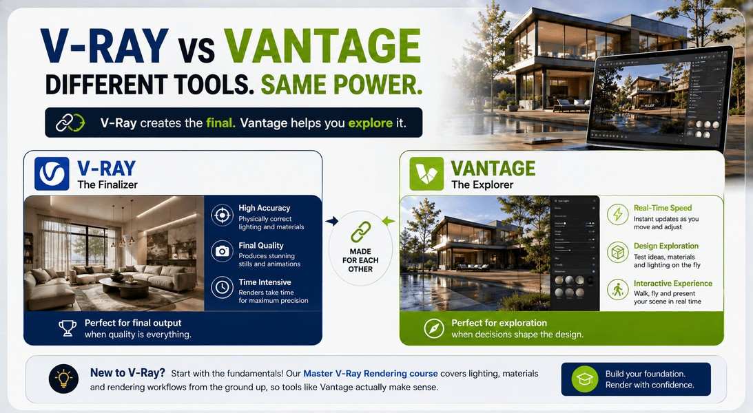 V-Ray and Vantage comparison showing final rendering precision versus real-time design exploration.