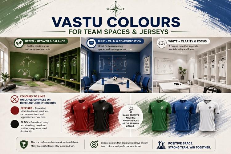 Vastu-inspired sports team colour guide showing green, blue, white, red, and black jersey and locker room colour recommendations.
