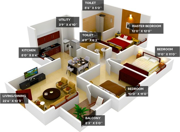 3D floor plan of a modern apartment showing room dimensions, including bedrooms, kitchen, toilets, and balcony