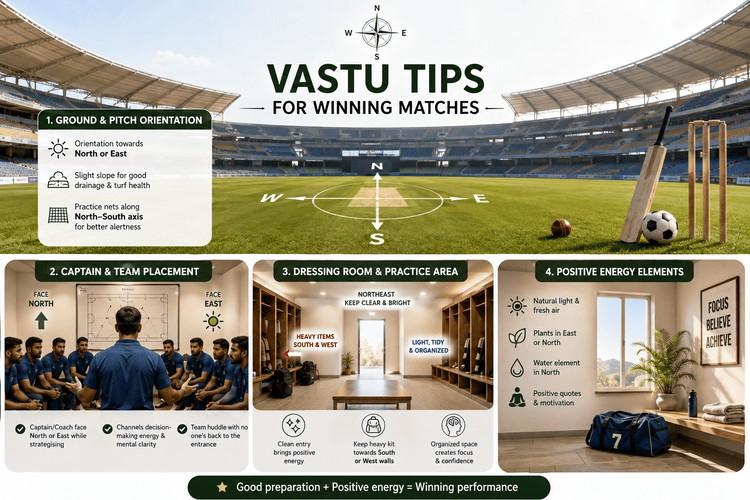 Vastu tips for cricket and football teams covering ground orientation, captain placement, dressing rooms, and positive energy.