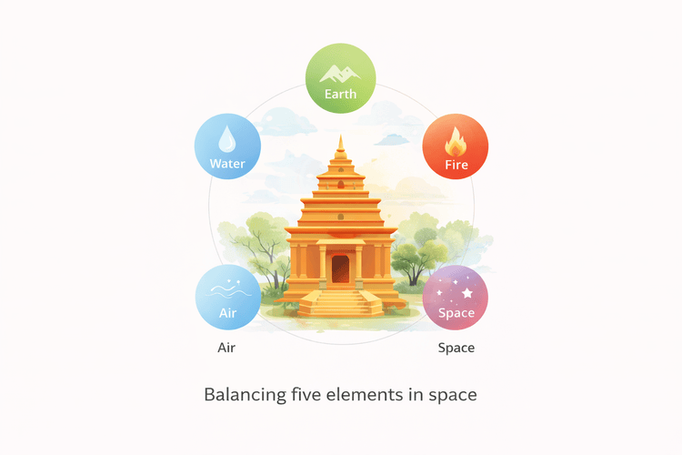 Vastu Shastra concept illustration with five elements arranged around a central structure.&nbsp;&nbsp;