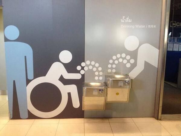 A wall features illustrations of people, including one in a wheelchair, showcasing the accessibility of two drinking fountains at different heights. The design reflects human-centered design principles, ensuring both standing and wheelchair users can easily access drinking water.