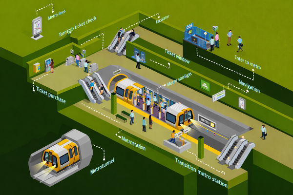 Metro infrastructure BIM model visualized on real-world GIS terrain map