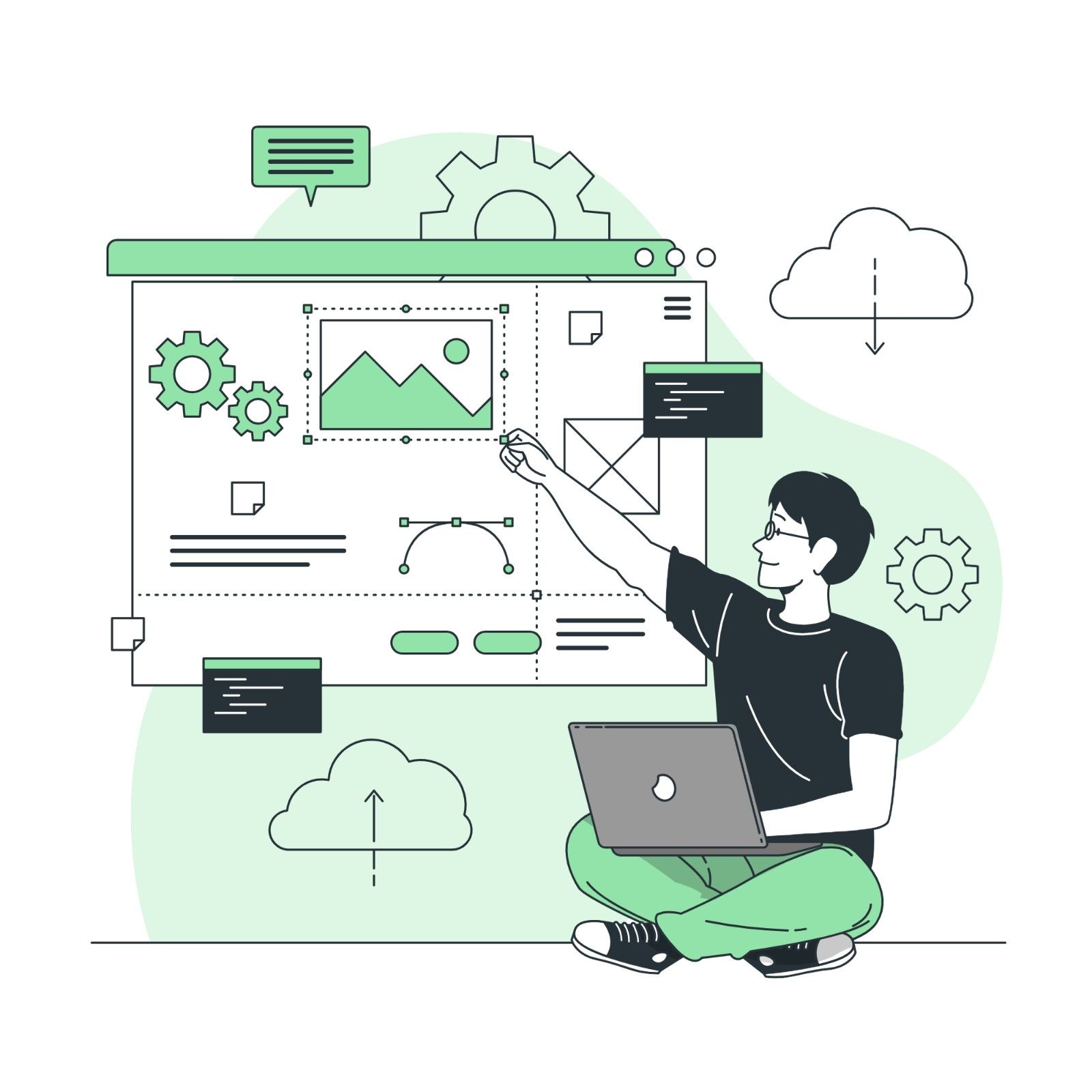 Illustration of a person sitting cross-legged with a laptop, focusing on website design. They are adjusting a template on a large screen with gears and cloud icons, highlighting UI design and cloud integration while adhering to UX best practices in web development.
