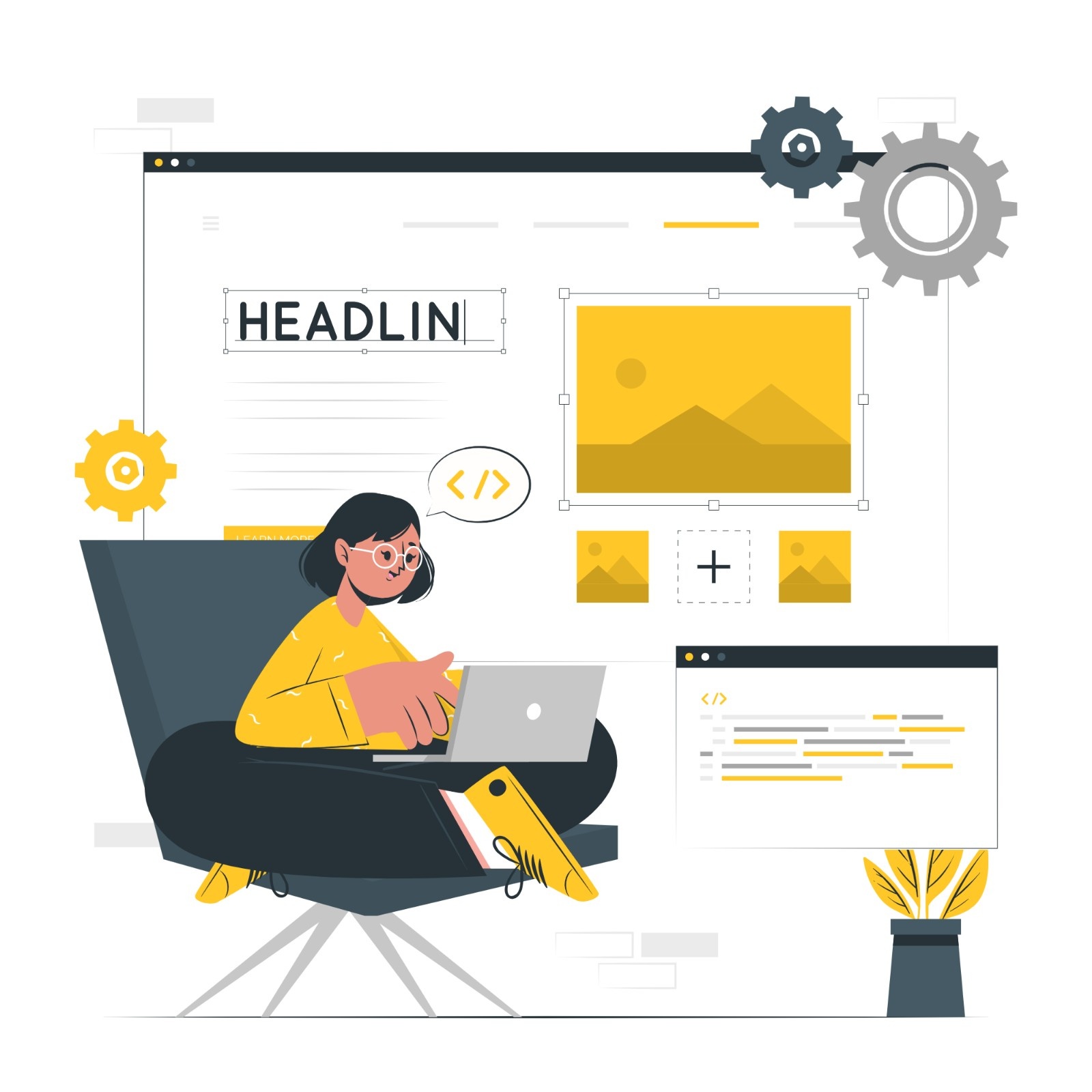 Illustration of a person seated in a chair, engaged in website design on a laptop, with a large screen showcasing UI design elements like headlines and images. 