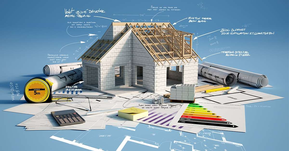 3D architectural design concept showing a partially constructed house with blueprints, tools, and energy efficiency charts, representing BIM and architectural planning.