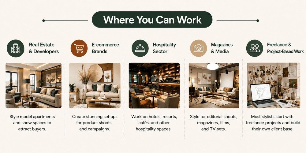 Interior styling career opportunities in real estate, e-commerce, hospitality, media, and freelance work.