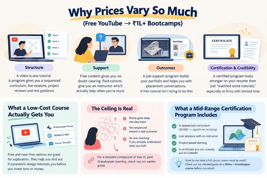 Course pricing comparison showing free YouTube learning versus paid certification programs, highlighting structure, support, outcomes, and credibility