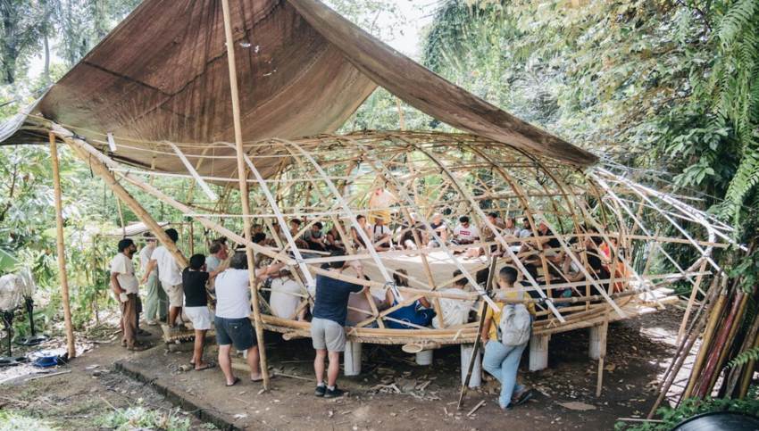 Bamboo Workshop where people are building Grid Shell Structure
