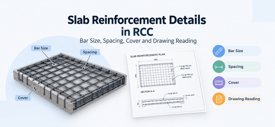 Slab Reinforcement Details in RCC: Bar Size, Spacing, Cover and Drawing Reading